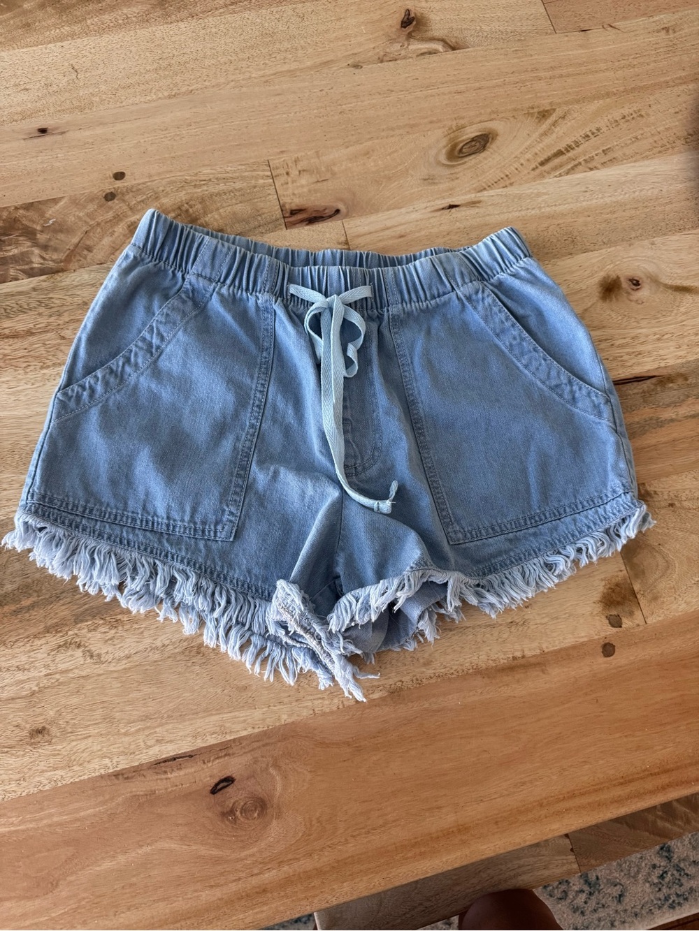 Free People Light Blue Denim Drawstring Fringe Shorts